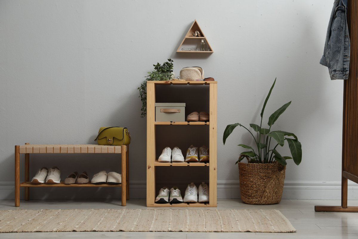 Different footwear on shelves in entryway