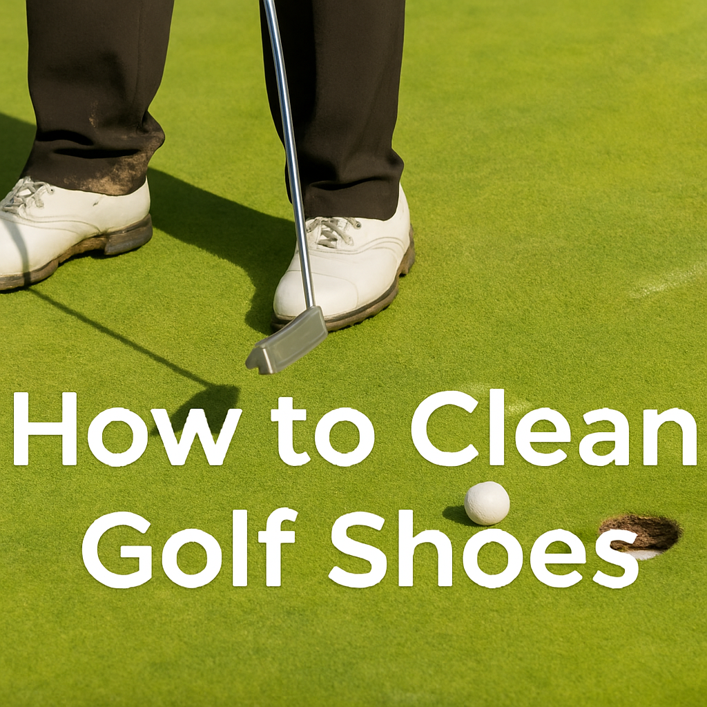dirty golf shoes with text "how to clean golf shoes"