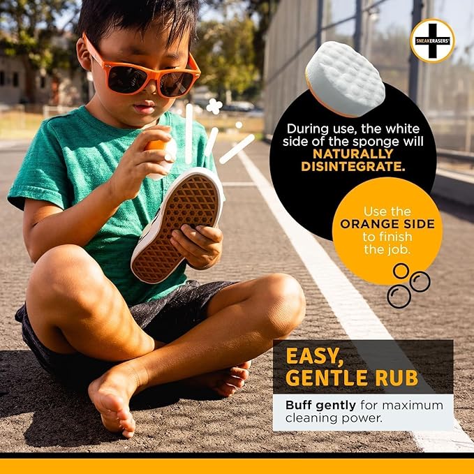 little kid cleaning shoe soles with SneakERASERS white shoe cleaner