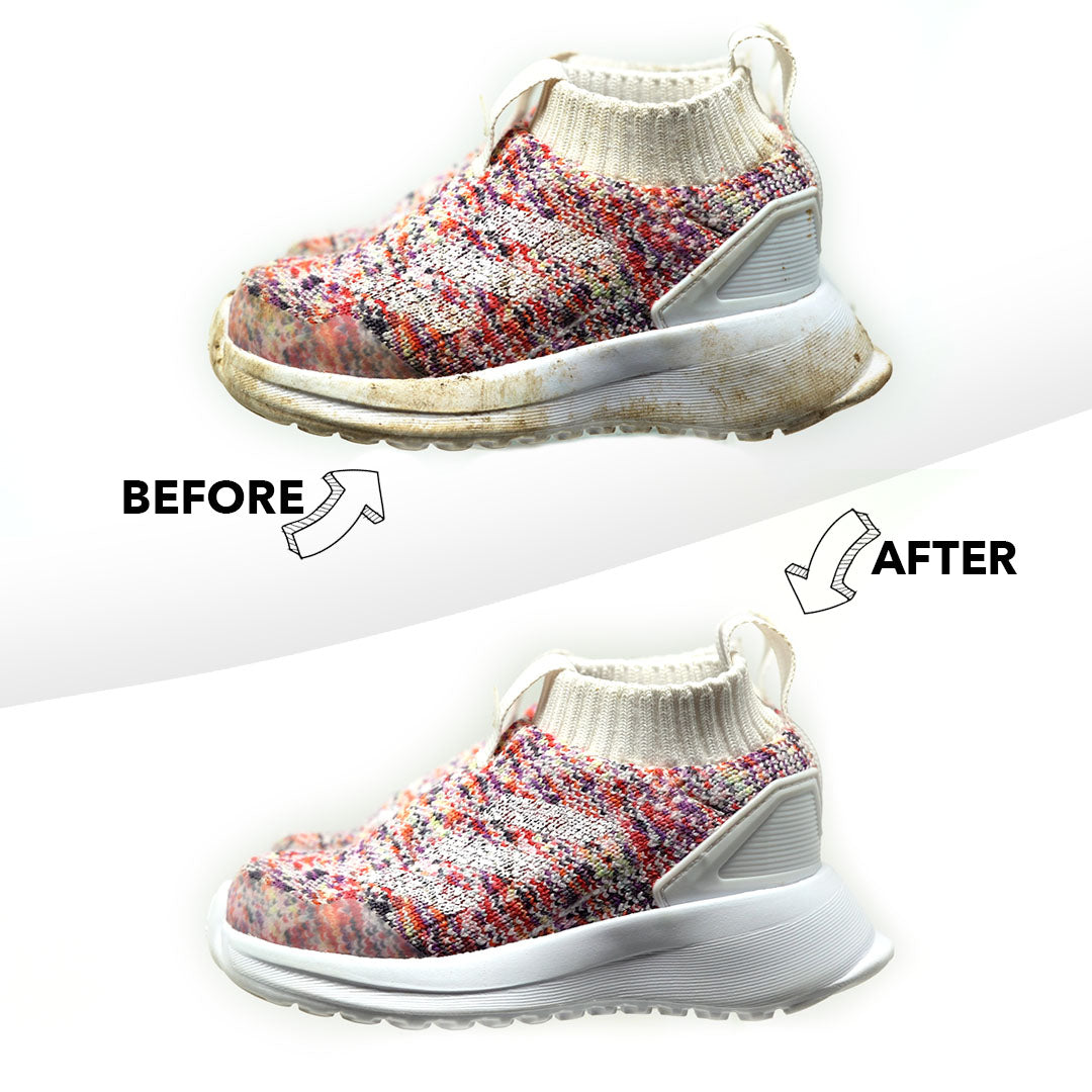 before and after using the SneakERASERS White Shoe Cleaner